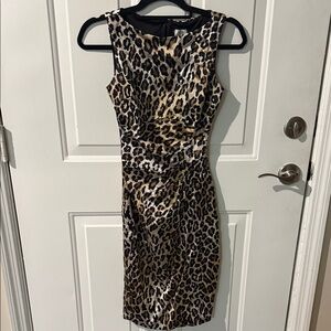 Vintage Cache leopard Print ruched body con cocktail mini dress satin turn heads
